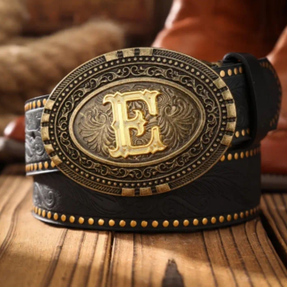 Western Tooled Belt w/ Gold Monogram Buckle | Cowboy Several Letters Available - Picture 8 of 16